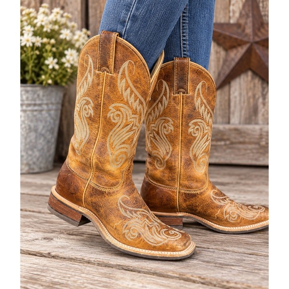 Justin Shoes - Justin Bent Rail Cowboy Boots Womens 7 B Brown Leather Square Toe USA BRL212